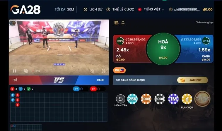 Cách Chơi Đá Gà GA28 Tại 98WIN: Bí Kíp Thành Công 2 Giao diện đặt cược đá gà GA28 tại 98WIN