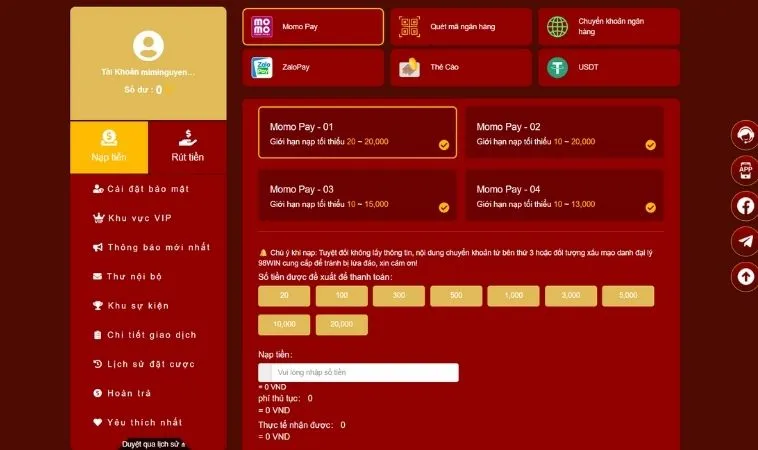 Nạp Tiền 98WIN Nhanh Gọn An Toàn Cho Người Chơi 2 Giao diện nạp tiền 98WIN