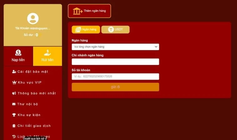 Giao diện rút tiền 98WIN